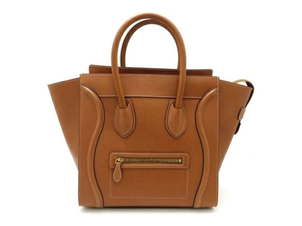 Celine Luggage Tote Handbag Calfskin Tan Gold Metal